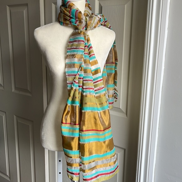 Women’s Italian Striped Cotton Blend Metallic Oversized Thread Scarf - Picture 1 of 9